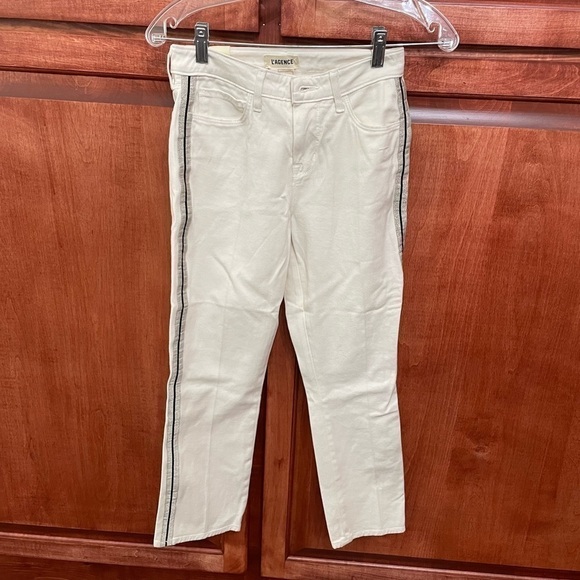 L'agence Nadia Jeans 24 High Rise Cropped Straight Stretch Pant Metallic Striped - Picture 9 of 15